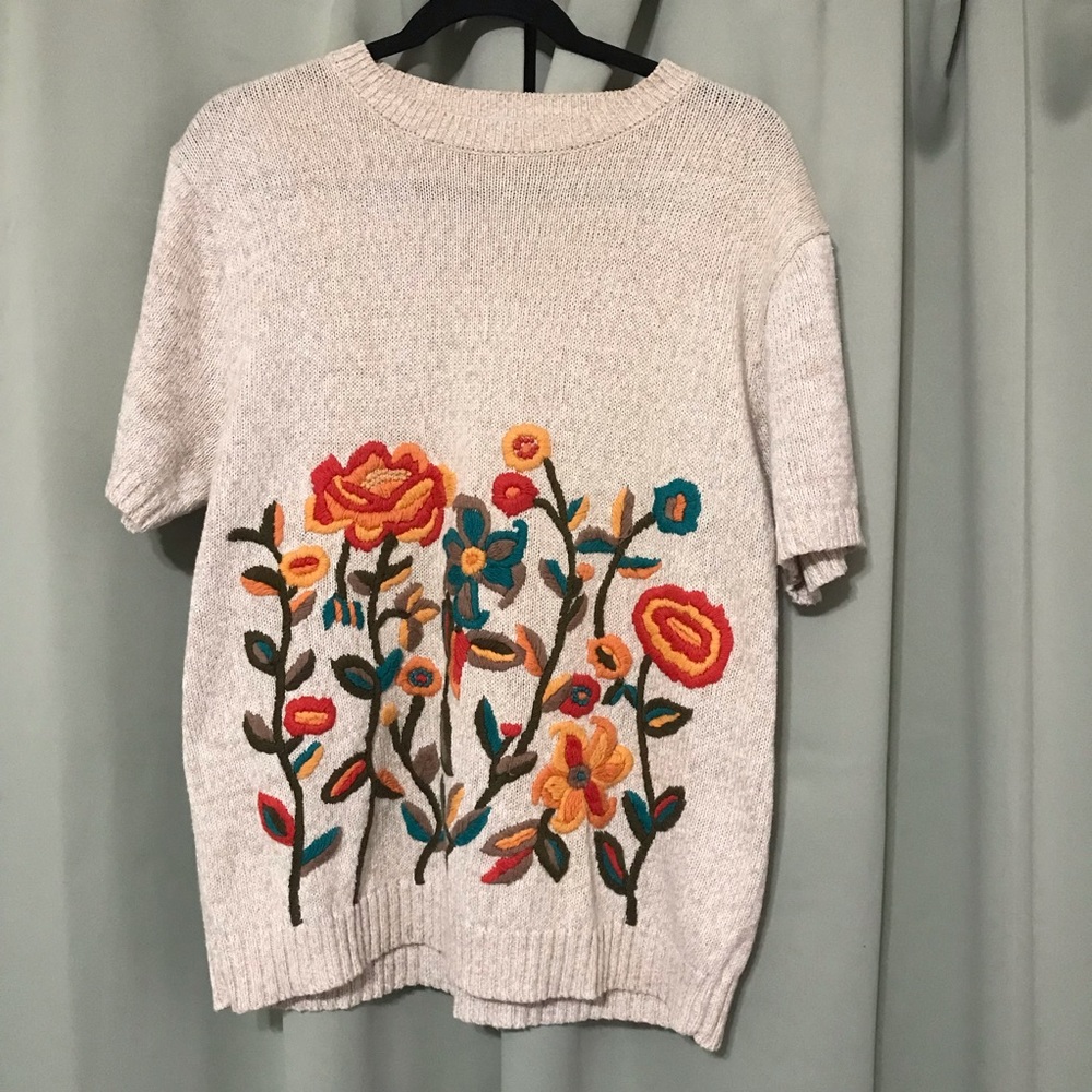 Russ Vintage 80s Floral Embroidered Short Sleeve Sweater Top